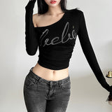 2025 Winter Fashion Trend Women's New Personality Hottie Slant Shoulder Repair Letter Hot Umbilical Umbilical Clad Tops