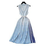 High-End Sleeveless Knitted Striped Dress Women's Summer Slanted Belt Lightly Mature Sister Temperament Long Skirt