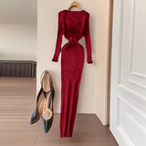 Dress Women's Autumn And Winter 2025 New Korean Version Of Simple Solid Color Long Sleeves Tight Waist Thin Knit Long Dress