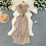 Three-House Folded Dress Design Irregular Lotus Leaves Side To Receive Waist Repair Bright Silk Pressure Folds