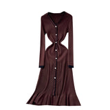 High-Level Small-Sized Famous Woman Hit The Color V-Neck Long Sleeve Single Buckle Waist Knitted Dress Women With Fish Tail