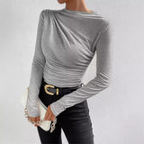 2025 Solid Color Trim Bottom Shirt Folding Design Long-Sleeved T-Shirt Lady Top