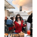 Red Sexy Pure Desire V Collar Knitted Shirt Girl Autumn New Hottie Temperament Lace With Long-Sleeved Top