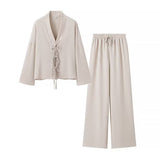 Spring And Summer Women's Solid Color Tie Shirt Broad Leg Trousers Set Casual Two Sets