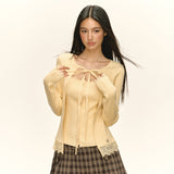 2025 New Women's Design Temperament Lace Splicing Elastic Knitting Shirt Fashion Two Sets
