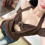 Fashion 2025 Summer New Women's Hottie Sexy Hanging Neck Hollow V Collar Fake Two Top Women