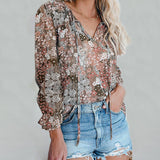 Women's Clothing 2025 Autumn And Winter New Broken Flower Printed Shirt V Collar Long-Sleeved T-Shirt Top Women