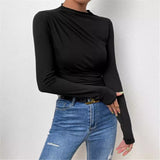 2025 Solid Color Trim Bottom Shirt Folding Design Long-Sleeved T-Shirt Lady Top