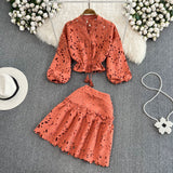 Vintage Temperament V-Neck Hollow Embroidered Lantern Sleeve Short Shirt Women Two Sets Hit High Waist Thin Word Half Skirt