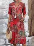 2025 New Printed Summer V-Neck Casual Holiday Bag Dress Home Clothes Women