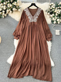 High-End Fat Mm Large-Size Women's New Embroidery V-Neck Loose Long National Style Holiday Dress 0515