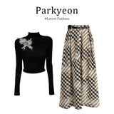 Parkyeon New Chinese-Style Atmosphere With Bow Embroidered Long-Sleeved Blouse Dress Autumn Burst Suit