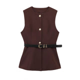 Spring 2025 New Women's Round-Neck With Sleeveless Belt Vest Women's Top
