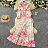 Court-Style Dress Dress Woman 2025 New French Waist Bubble Sleeve Print Top High Waist Swing Long Skirt