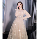 Evening Dress Women 2025 New Champagne Long-Sleeved Banquet Temperament Simple Thin Host Art Exam Dress