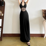 Fashion 2025 Summer New Women's Style Sexy Lace Hollow Splicing Long Sleeveless Dress Woman