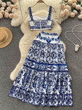 Wind Blue And White Porcelain Printing Set Women's Summer Pure Desire To Bare Belt Slings Small Vest + High Waist Mid-Long Skirt