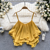 2025 Summer Korean Version Of The New Loose Lotus Leaf Side Shoulder Double Sleeveless Sleeveless Sling Sling Vest Female Wear