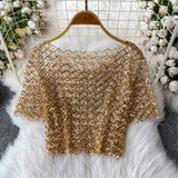 Station Heavy Industry Nail Polish Glid Round Neck Short Sleeve T-Shirt Women's High-End Temperament Slimming Short