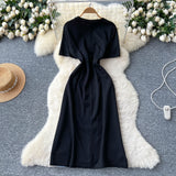 Korean Version Of Fashion Elegant Irregular Short Sleeve Splicing Diamond-Singed Waist Denim Dress Women's Summer Open Fork Long Dress