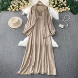 Lazy Wind Leisure Two Sets Of Women Loose Outside Thin Long-Sleeved Shirt Cover Skinny Sling Dress