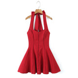 French Style Collar Slings Waist Retro Skirt Dress Party Wide Swing Spliced Hanging Neck Miniskirt