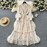 Court Style Niche High-Grade Lace To Receive Waist Dress Women's Thin Print Embroidered Fairy Dress