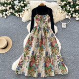 Court Retro Jed Flower Embroidery Sling Dress Women's Bottom Knitting Shirt 2025 Autumn And Winter French Style