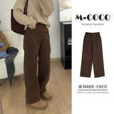 Vintage Brown Plus Velvet Jeans Women's Autumn And Winter High-Waisted Thin Straight Barrel Loose Broad Legs Long Trousers