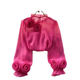 French Shirt Female Design Sense Small Three-Dimensional Flower Bubble Sleeves To Reduce The Age Of Pure Color Chiffon Shirt Women's Long-Sleeved Top