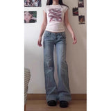 Light Blue Bamboo Knot Pattern Low-Waisted Micro-Rave Jeans Women 2025 Spring And Autumn New Hottie Repair Horseshoe Pants