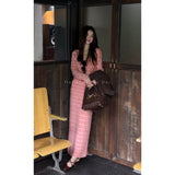 Pink Age Reduction Knitting Set Early Autumn Design Stripe V-Neck Sweater Top Half-Dress Skirt Set