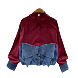 Spring Dress Korean Fashion Design With Bow Denim Spliced Long-Sleeved Shirt Women Loose Shirt Top
