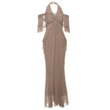 2025 Summer Fashion Trend Women's New V-Necked Bare Back Mesh Splicing Body And Hip Dress