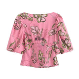 2025 Summer New Women's Collar Bubble Sleeve Short Linen-Blend Print Top