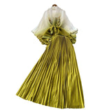 Folded Suit Female Strap To Waist Gradient Color Pressure Folding Shirt High Waist 100 Folded Skirt Two Sets