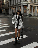 New Women's Black And White Stripes Simple Fashion V-Neck Button Knitted Cardigan Jacket