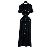 Small Fragrant Style High-End Hair-Side V-Neck Short-Sleeved Knitted Dress Women's Summer Waist Single Buckle-Clove Long Dress