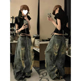 Vintage Wasteland Wind Splash Ink Ripped Jeans Women Summer New Water-Washing Straight Tube Trousers Tide