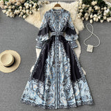 Spring And Autumn Dress Retro Court Style Lapl Lantern Sleeve Print Dress Women's Single Buckle Large A-Word Over Knee Dress