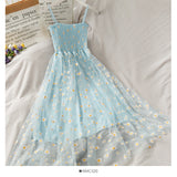 Net Yarn Girl Small French 2025 Folding Dress Slings Super Fairy Waist Thin Dress New Retro Daisies Summer