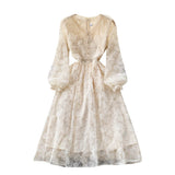 Gentle Style Femininity Waist Thin Knee Long Sleeve First Love Dress A Elegant Temperament V-Neck Lace Dress