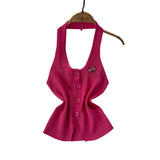 Fashion Design Feeling Hanging Neck Dew Single Buckle Slim Thin Knit Vest Women Wear Gas Bottom Shirt