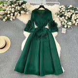 European Court Dress Female Design Tuxedo V Collar Long Three House Press Folding Horn Sleeve Dress Woman