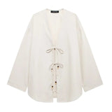 2025 Summer New Women's Casual V-Neck Bow Tie And Suit Top Straight Trousers Set