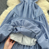 Summer French Retro Folding Sling Dress Female High Waist Show Leaning Vacation Dress 0285