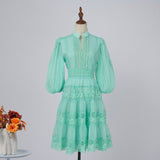 Solid-Color Dress Eugen Yarn Half-Open Lantern Sleeve Middle Sleeve Dress Lace Lace To Receive Waist Skirt