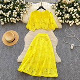 French High-End Squeal Hook Lace Set Women's Summer Fashion Short Horn Sleeve Shirt High Waist Half-Dress