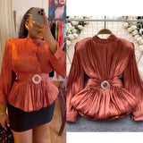 High-Level French-Style Waist-Low-Down Shirt Female Careful Machine Strap Design With A Chic Folded Lotus Leaves Hem French Top