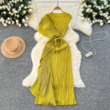 Three-House Folded Dress Design Irregular Lotus Leaves Side To Receive Waist Repair Bright Silk Pressure Folds
